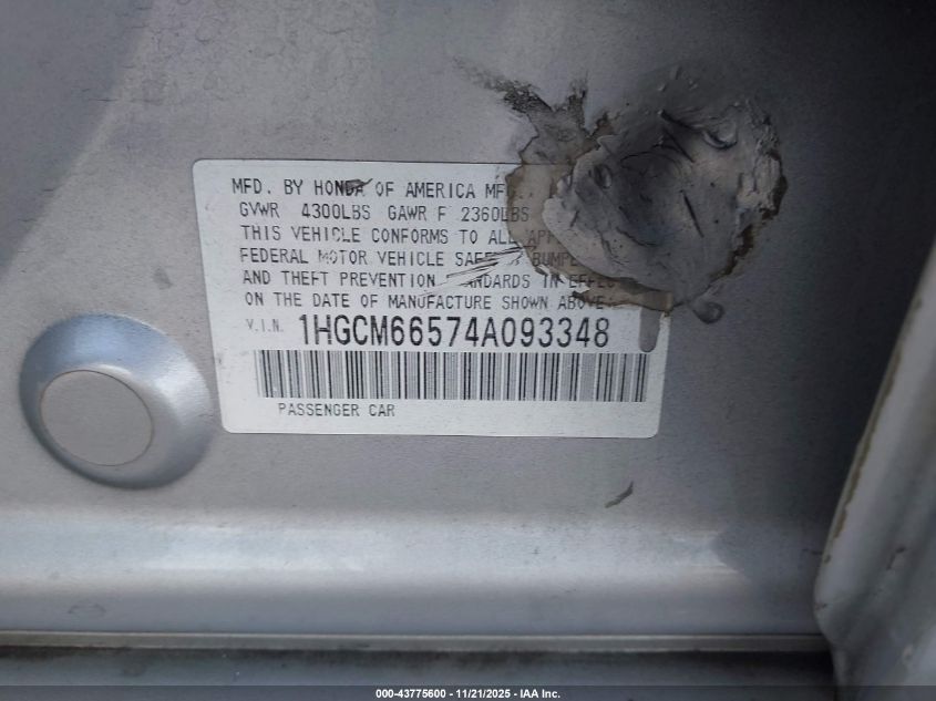 2004 Honda Accord 3.0 Ex VIN: 1HGCM66574A093348 Lot: 43775600