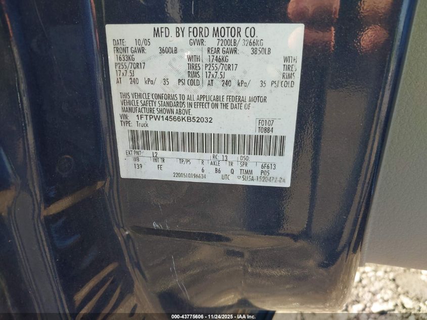 2006 Ford F-150 Fx4/Lariat/Xlt VIN: 1FTPW14566KB52032 Lot: 43775606