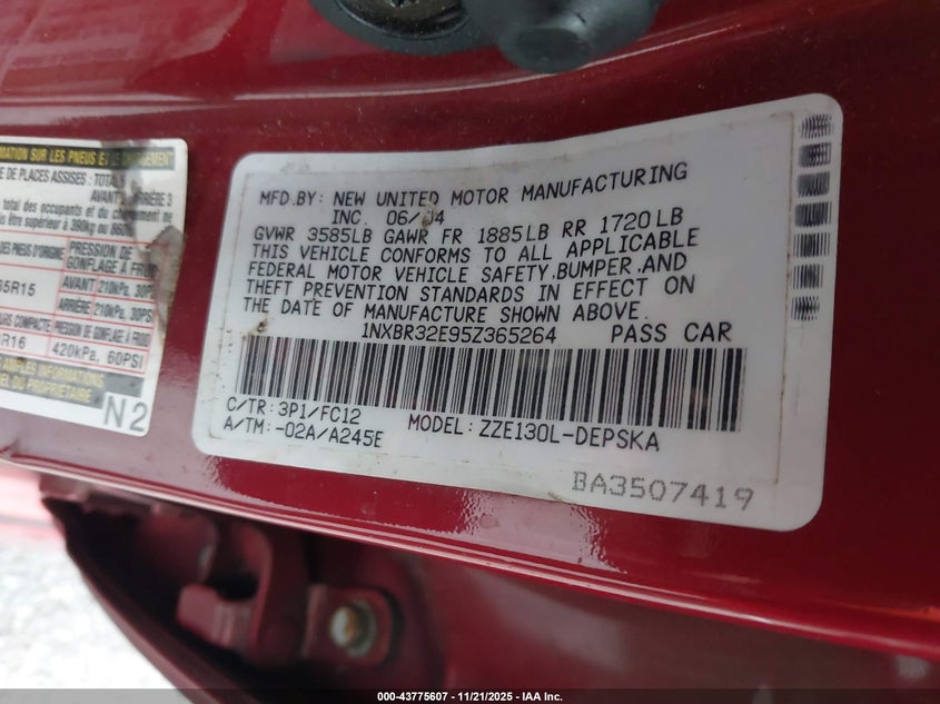 2005 Toyota Corolla S VIN: 1NXBR32E95Z365264 Lot: 43775607