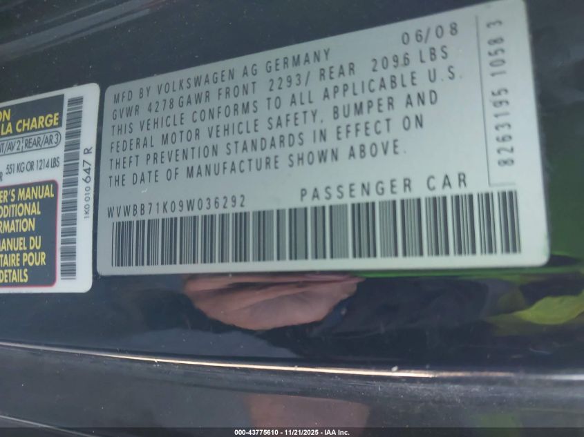 2009 Volkswagen Rabbit S VIN: WVWBB71K09W036292 Lot: 43775610
