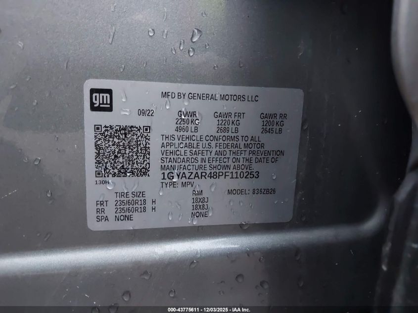 2023 Cadillac Xt4 Fwd Luxury VIN: 1GYAZAR48PF110253 Lot: 43775611