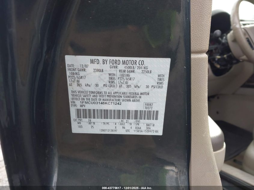 2008 Ford Escape Xlt VIN: 1FMCU03148KC71242 Lot: 43775617