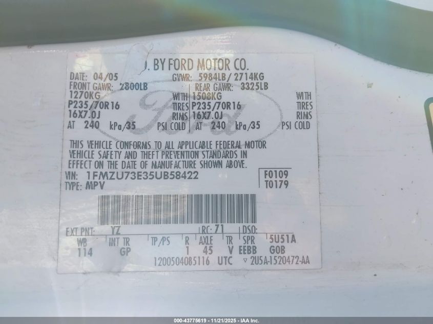 2005 Ford Explorer Xlt/Xlt Sport VIN: 1FMZU73E35UB58422 Lot: 43775619