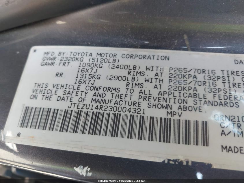 2003 Toyota 4Runner Sr5 V6 VIN: JTEZU14R230004321 Lot: 43775620