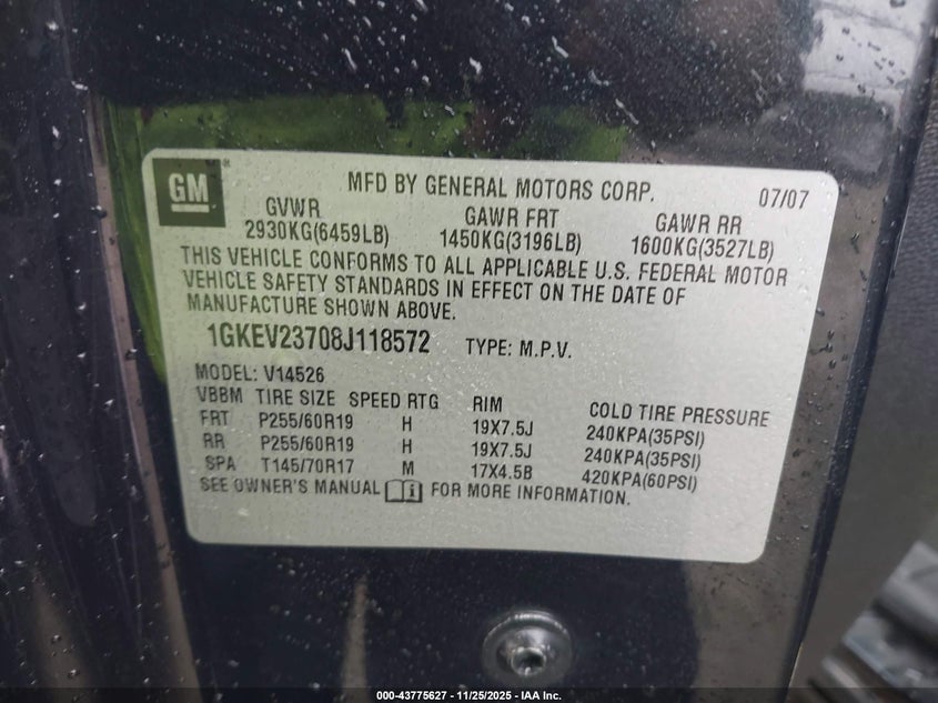 2008 GMC Acadia Slt-1 VIN: 1GKEV23708J118572 Lot: 43775627