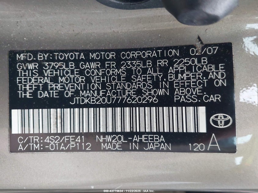 2007 Toyota Prius VIN: JTDKB20U777620296 Lot: 43775634