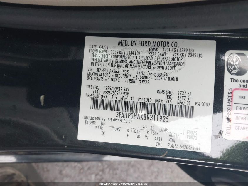 2011 Ford Fusion Se VIN: 3FAHP0HAXBR311925 Lot: 43775638
