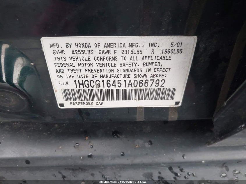 2001 Honda Accord 3.0 Lx VIN: 1HGCG16451A066792 Lot: 43775639