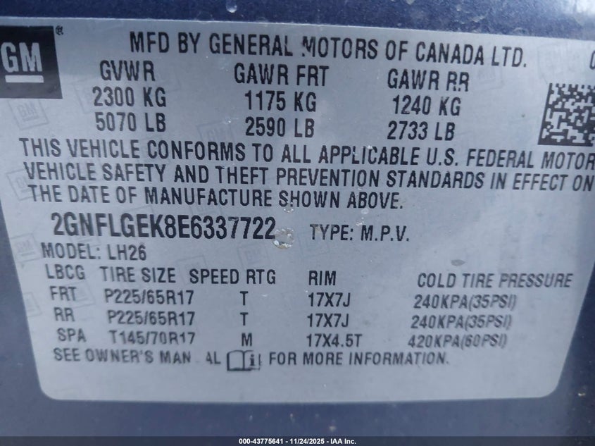 2014 Chevrolet Equinox 2Lt VIN: 2GNFLGEK8E6337722 Lot: 43775641