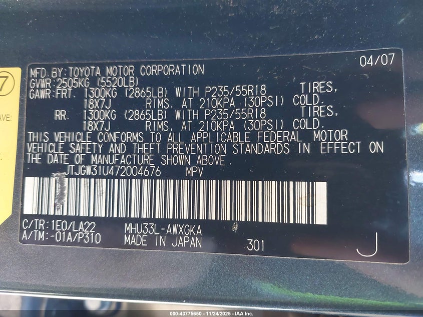 2007 Lexus Rx 400H VIN: JTJGW31U472004676 Lot: 43775650