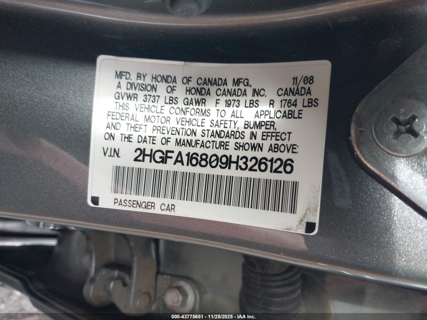 2009 Honda Civic Ex VIN: 2HGFA16809H326126 Lot: 43775651