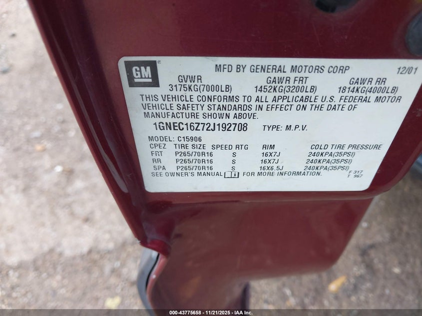 2002 Chevrolet Suburban Ls VIN: 1GNEC16Z72J192708 Lot: 43775658