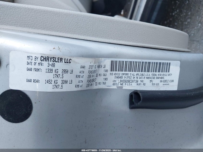 2008 Jeep Grand Cherokee Limited VIN: 1J8HS58288C207190 Lot: 43775659