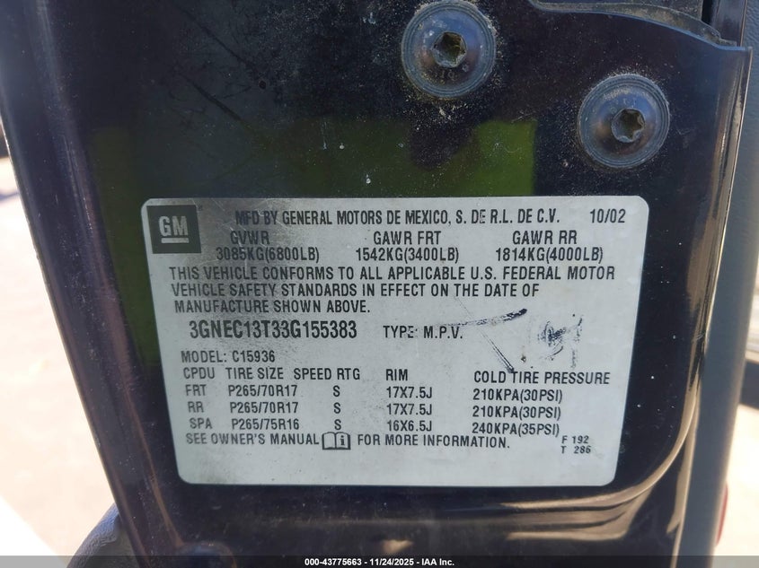 2003 Chevrolet Avalanche 1500 VIN: 3GNEC13T33G155383 Lot: 43775663