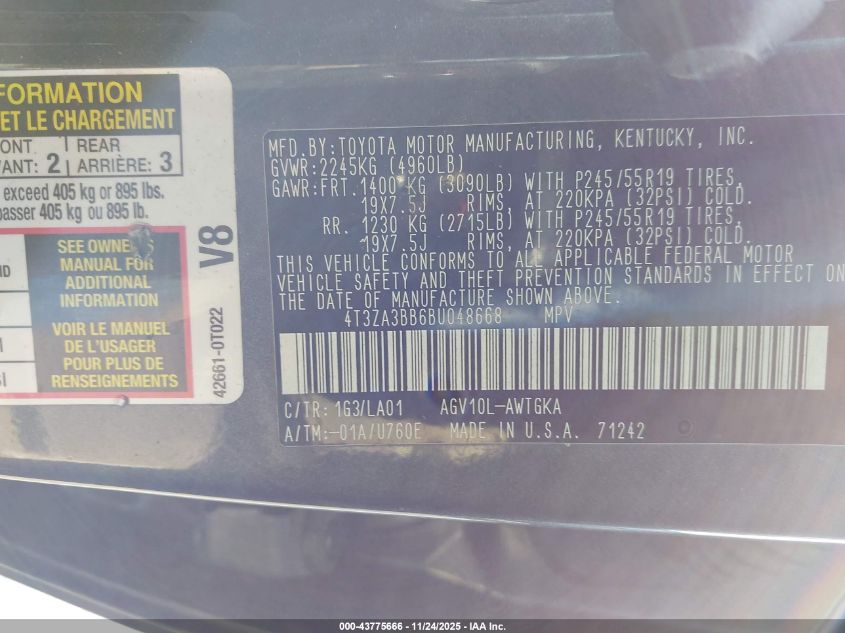 2011 Toyota Venza VIN: 4T3ZA3BB6BU048668 Lot: 43775666