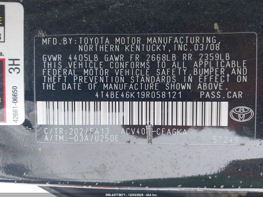 2009 Toyota Camry Xle VIN: 4T4BE46K19R058121 Lot: 43775671