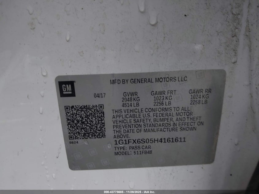 2017 Chevrolet Bolt Ev Premier VIN: 1G1FX6S05H4161611 Lot: 43775685