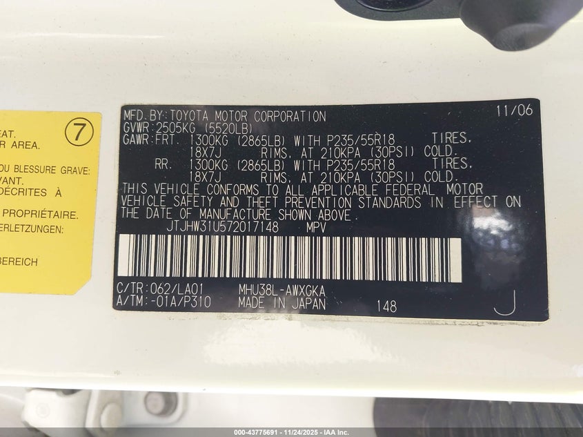 2007 Lexus Rx 400H VIN: JTJHW31U572017148 Lot: 43775691