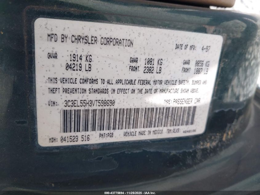 1997 Chrysler Sebring Jxi VIN: 3C3EL55H3VT598690 Lot: 43775694