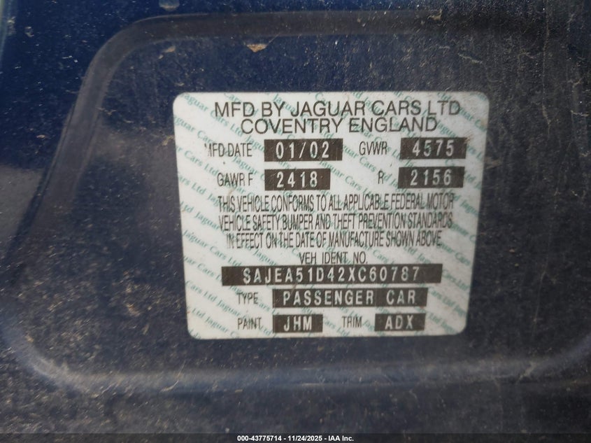 2002 Jaguar X-Type 2.5L VIN: SAJEA51D42XC60787 Lot: 43775714