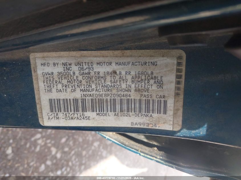 1993 Toyota Corolla Le/Dx VIN: 1NXAE09E8PZ090484 Lot: 43775718