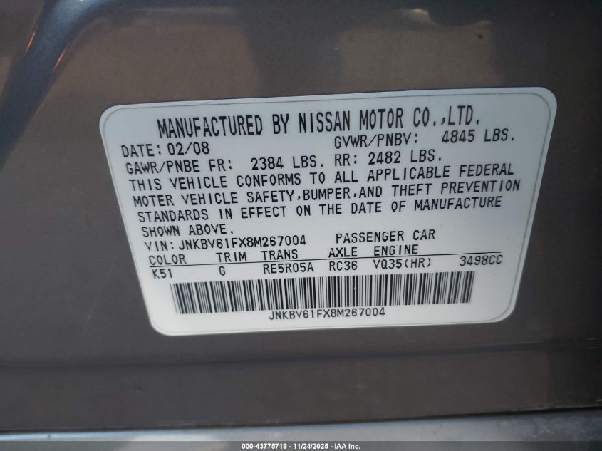2008 Infiniti G35X VIN: JNKBV61FX8M267004 Lot: 43775719
