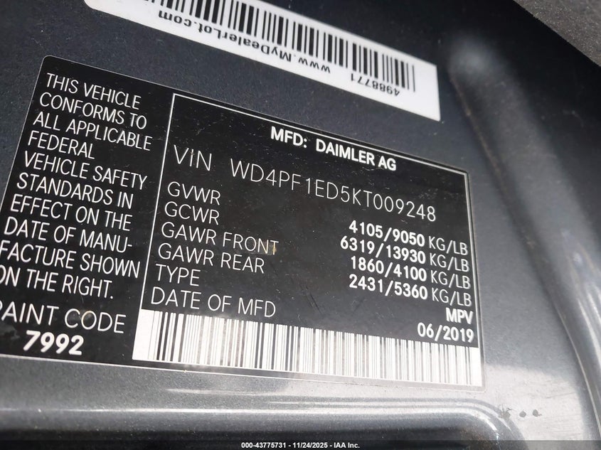 2019 Mercedes-Benz Sprinter 2500 High Roof I4 VIN: WD4PF1ED5KT009248 Lot: 43775731