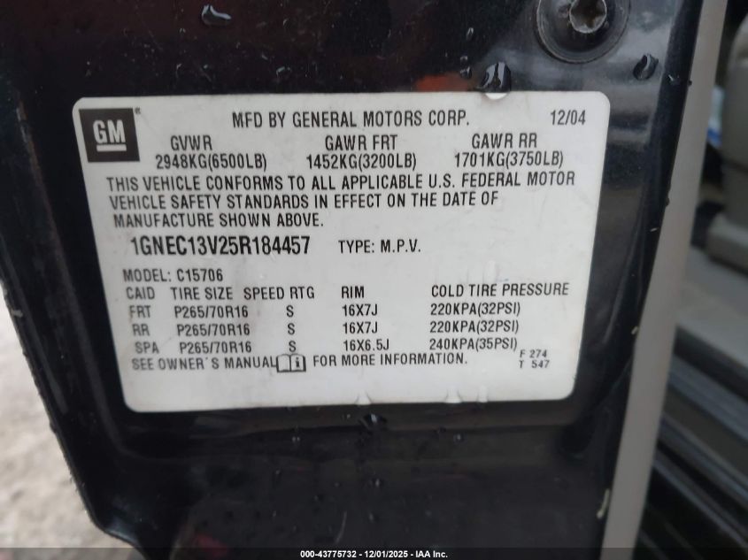 2005 Chevrolet Tahoe Ls VIN: 1GNEC13V25R184457 Lot: 43775732