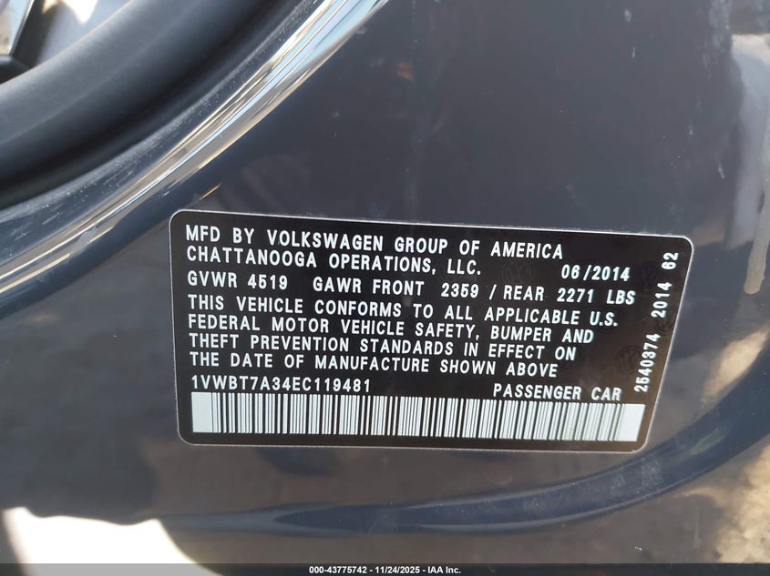 2014 Volkswagen Passat 1.8T Sport VIN: 1VWBT7A34EC119481 Lot: 43775742