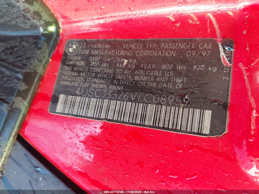 1997 BMW Z3 2.8L Roadster VIN: 4USCJ3326VLC08959 Lot: 43775749