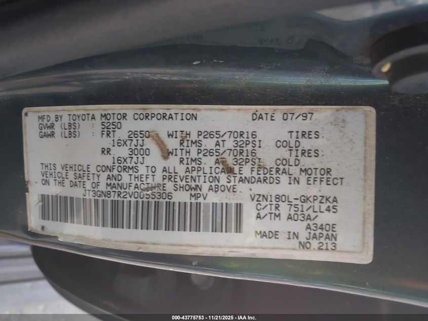 1997 Toyota 4Runner Sr5 V6 Limited VIN: JT3GN87R2V0055306 Lot: 43775753