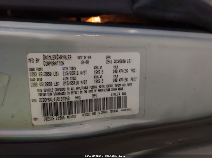 2001 Chrysler Town & Country Limited VIN: 2C8GP64L41R197343 Lot: 43775758