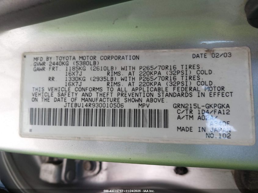 2003 Toyota 4Runner Sr5 V6 VIN: JTEBU14R930010506 Lot: 43775782