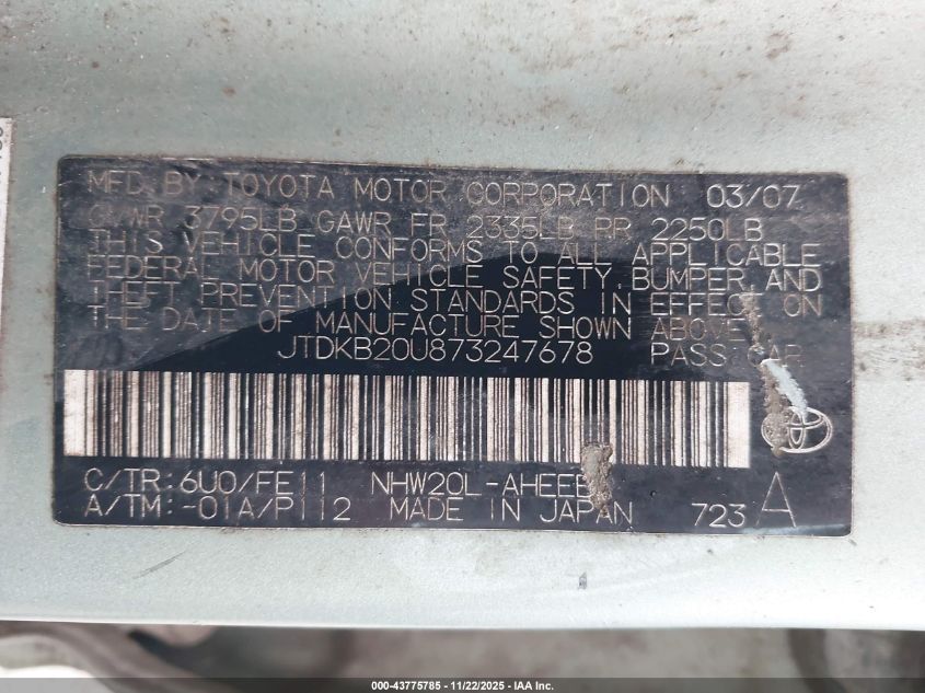 2007 Toyota Prius VIN: JTDKB20U873247678 Lot: 43775785