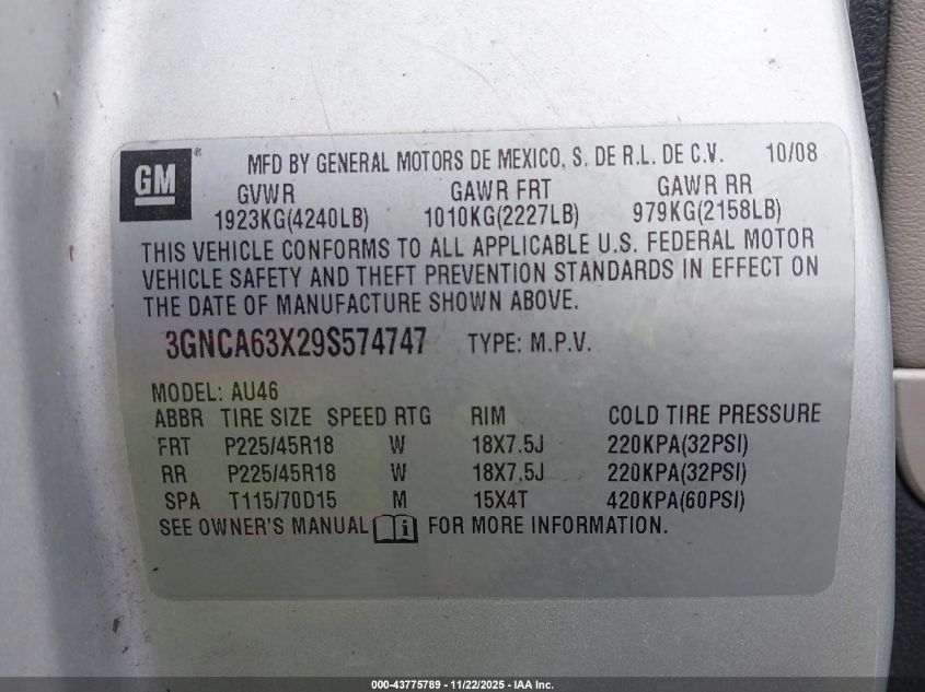 2009 Chevrolet Hhr Ss VIN: 3GNCA63X29S574747 Lot: 43775789