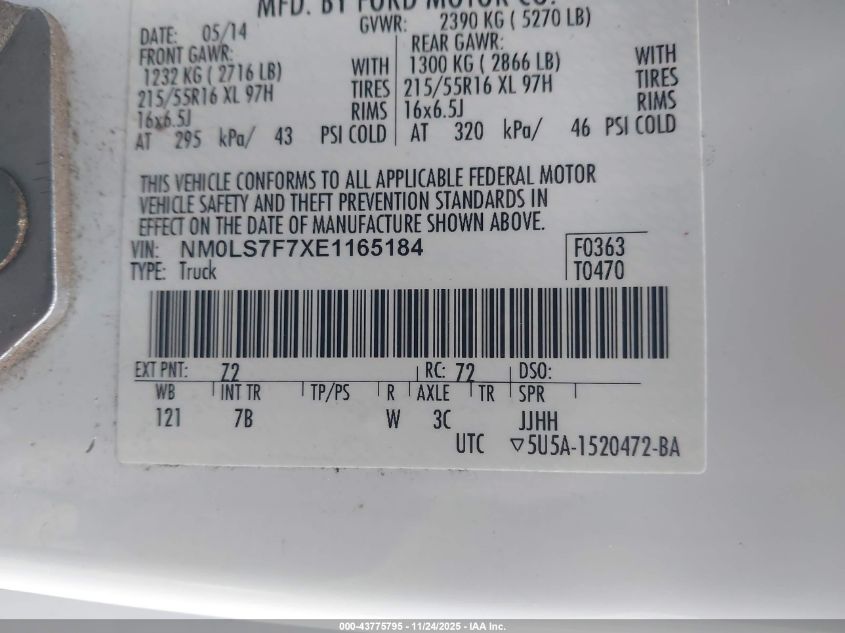 2014 Ford Transit Connect Xlt VIN: NM0LS7F7XE1165184 Lot: 43775795