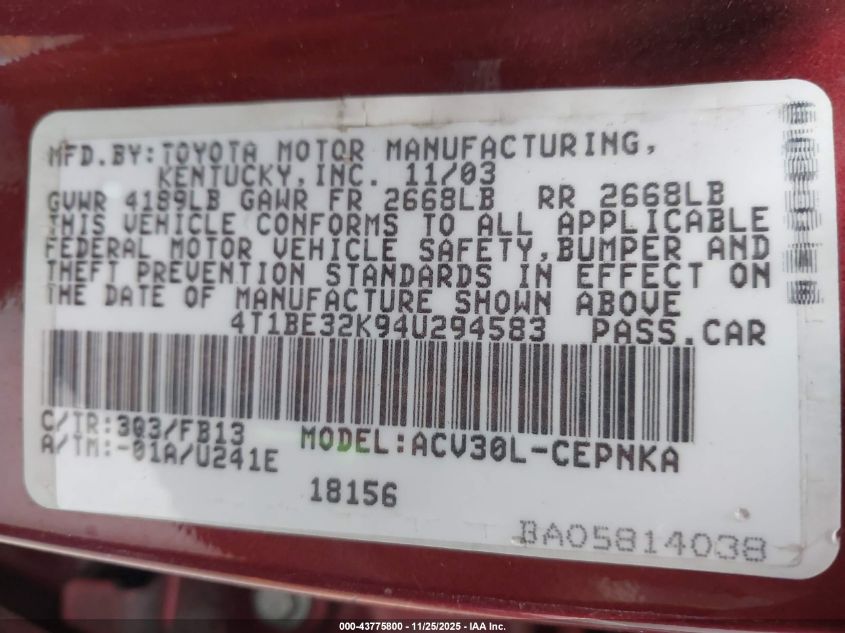 2004 Toyota Camry Le VIN: 4T1BE32K94U294583 Lot: 43775800