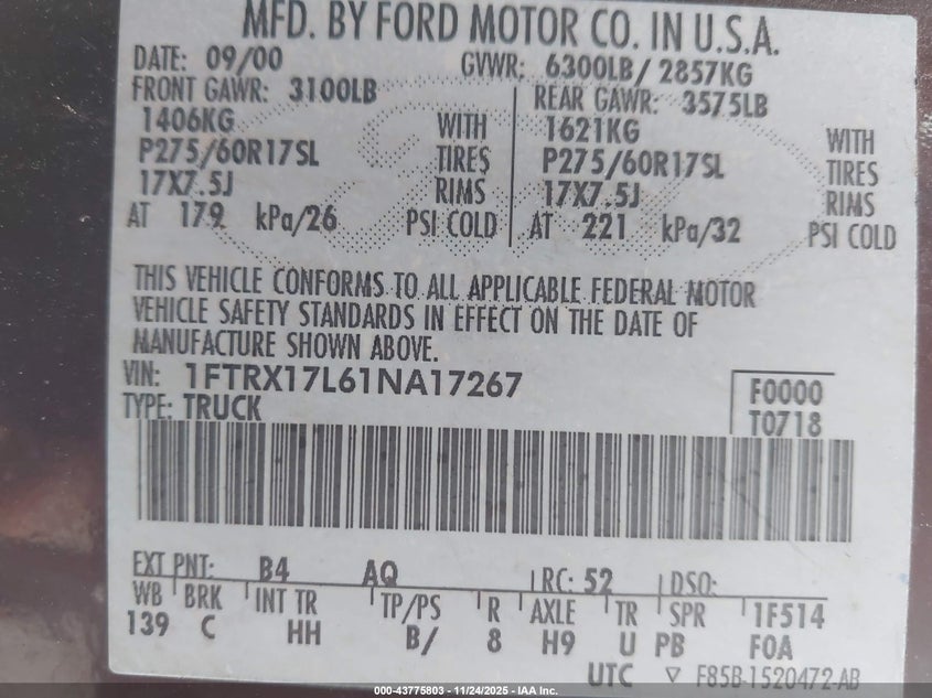 2001 Ford F-150 Lariat/Xl/Xlt VIN: 1FTRX17L61NA17267 Lot: 43775803