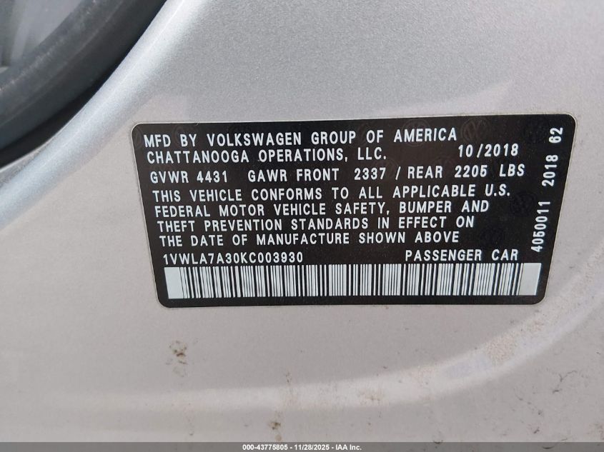 2019 Volkswagen Passat 2.0T Wolfsburg Edition VIN: 1VWLA7A30KC003930 Lot: 43775805