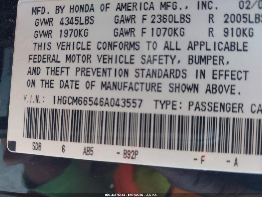 2006 Honda Accord 3.0 Ex VIN: 1HGCM66546A043557 Lot: 43775834