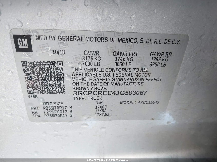 2018 Chevrolet Silverado 1500 1Lt VIN: 3GCPCREC4JG583067 Lot: 43775837