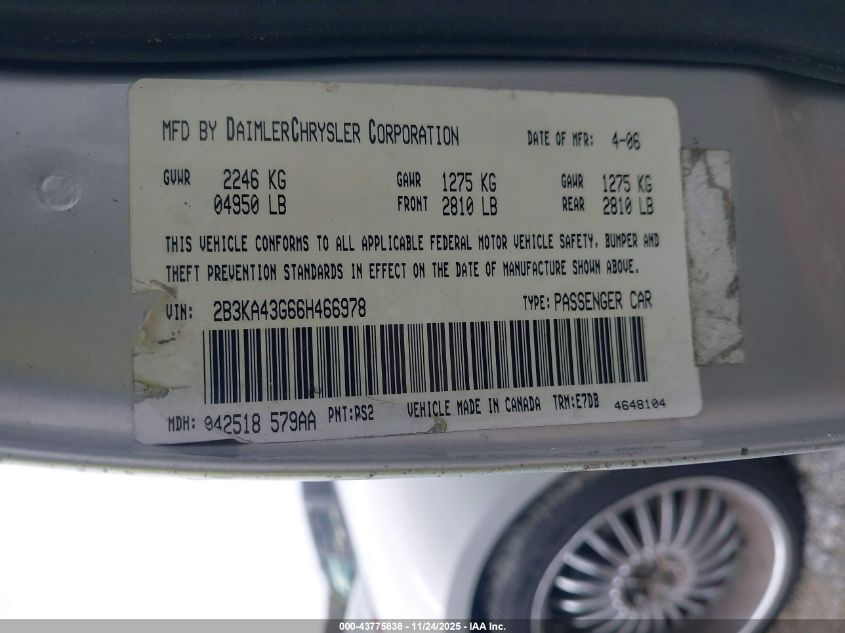 2006 Dodge Charger VIN: 2B3KA43G66H466978 Lot: 43775838