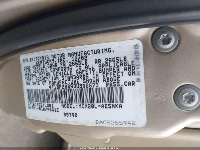 2003 Toyota Avalon Xl VIN: 4T1BF28B93U308673 Lot: 43775851