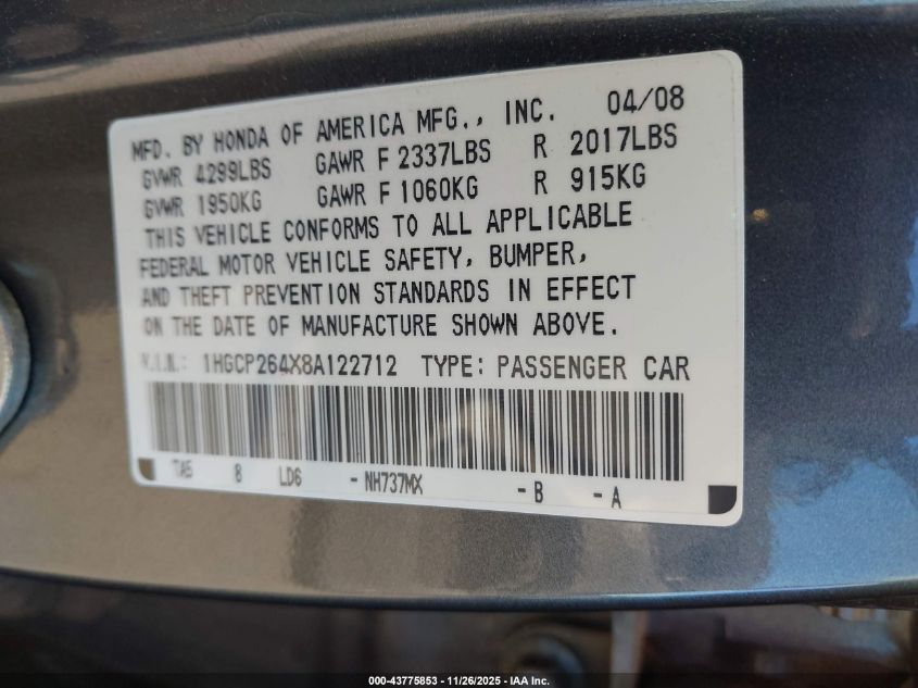 2008 Honda Accord 2.4 Lx-P VIN: 1HGCP264X8A122712 Lot: 43775853