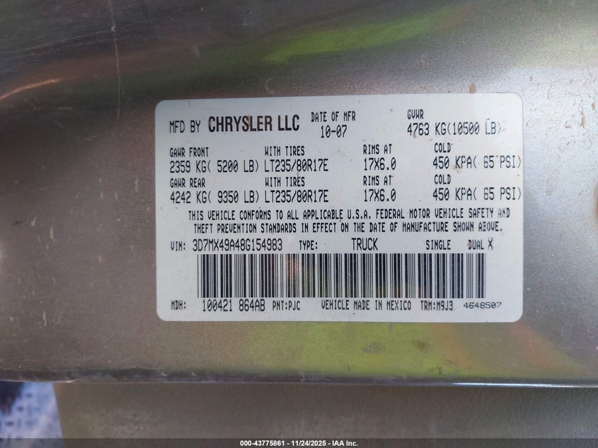 2008 Dodge Ram 3500 Sxt/Slt VIN: 3D7MX49A48G154983 Lot: 43775861