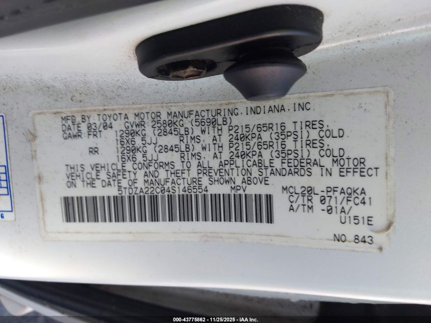 2004 Toyota Sienna Xle VIN: 5TDZA22C04S146554 Lot: 43775862