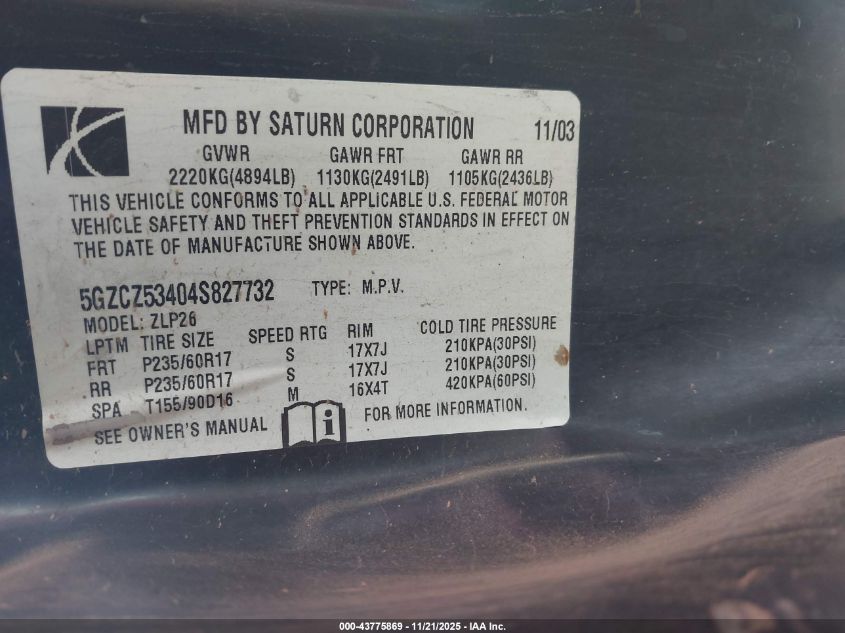 2004 Saturn Vue V6 VIN: 5GZCZ53404S827732 Lot: 43775869