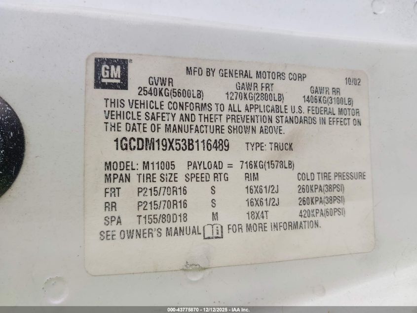 2003 Chevrolet Astro VIN: 1GCDM19X53B116489 Lot: 43775870