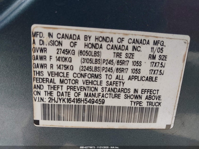 2006 Honda Ridgeline Rts VIN: 2HJYK16416H549459 Lot: 43775873