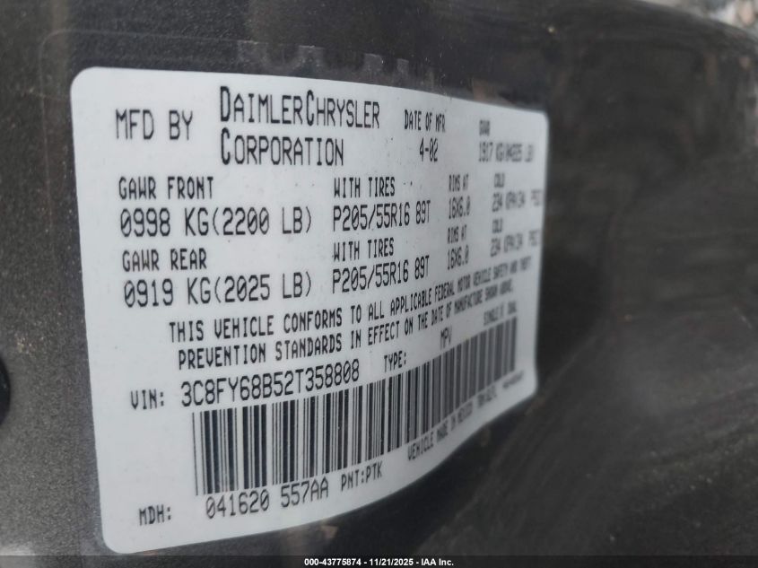 2002 Chrysler Pt Cruiser Limited VIN: 3C8FY68B52T358808 Lot: 43775874